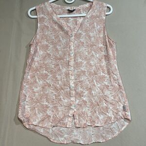 Eddie Bauer Women's M Pink White Tropical Leaf Print Blouse Shirt Short Sleeve